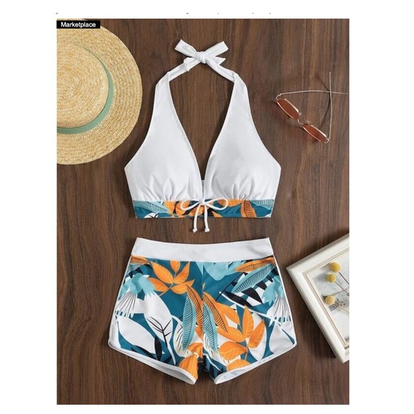 NWOT Tropical Print Knot Front Halter Bikini Swimsuit Small - Picture 6 of 7